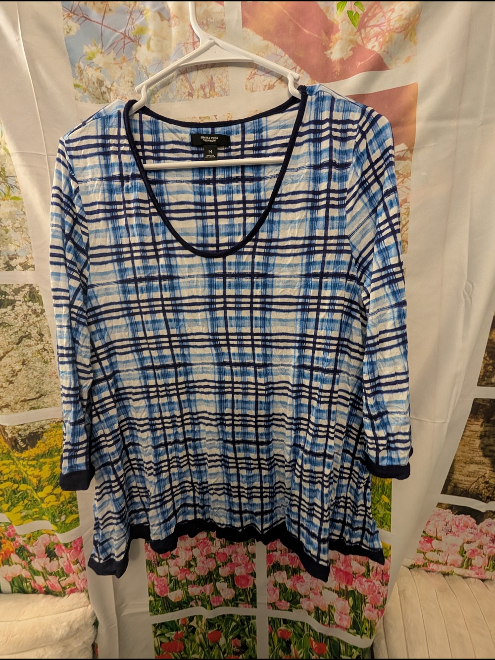 Simply Vera Vera Wang Blue Plaid Scoop Neck Long Sleeve Top
